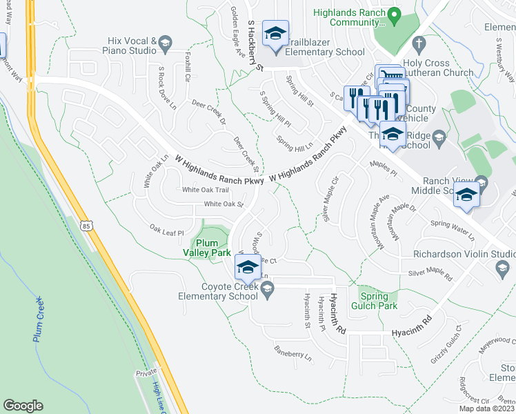 map of restaurants, bars, coffee shops, grocery stores, and more near 10155 South Woodrose Lane in Littleton