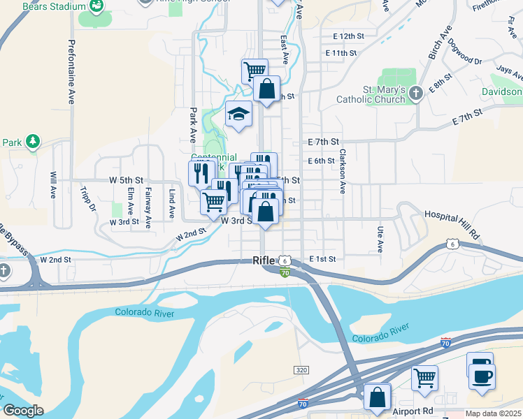 map of restaurants, bars, coffee shops, grocery stores, and more near 110 West 3rd Street in Rifle