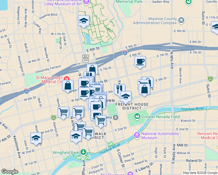 map of restaurants, bars, coffee shops, grocery stores, and more near 535 Lake Street in Reno