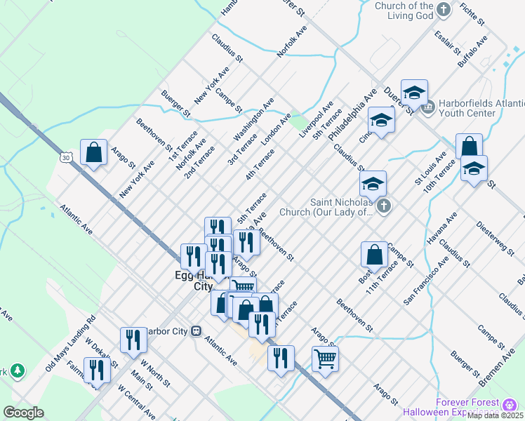 map of restaurants, bars, coffee shops, grocery stores, and more near 325 5th Terrace in Egg Harbor City