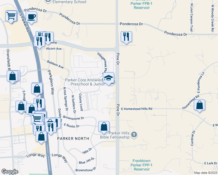 map of restaurants, bars, coffee shops, grocery stores, and more near 11661 South Pine Drive in Parker