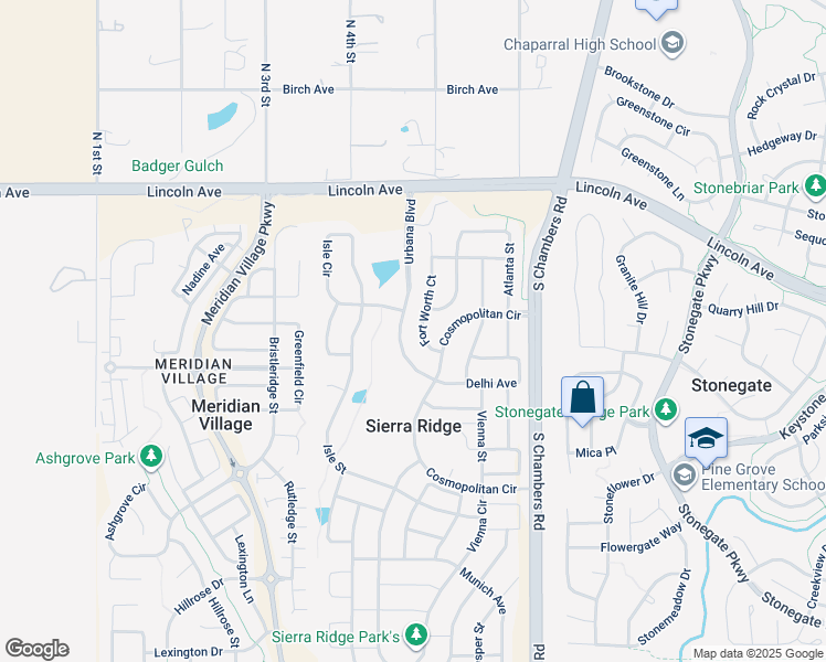 map of restaurants, bars, coffee shops, grocery stores, and more near 10173 Fort Worth Court in Parker