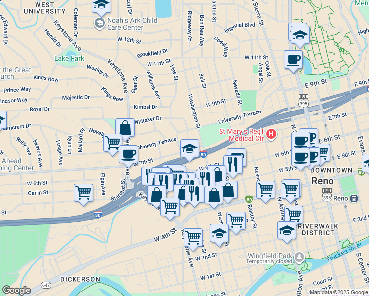 map of restaurants, bars, coffee shops, grocery stores, and more near 763 West 7th Street in Reno