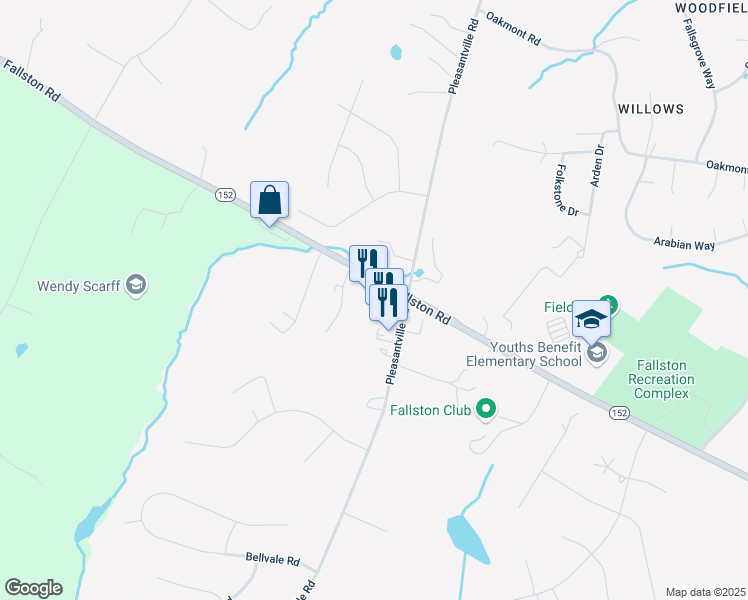 map of restaurants, bars, coffee shops, grocery stores, and more near 2106 Fallston Road in Fallston
