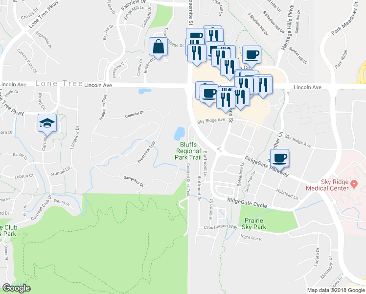 map of restaurants, bars, coffee shops, grocery stores, and more near 10121 Crooked Stick Trail in Lone Tree