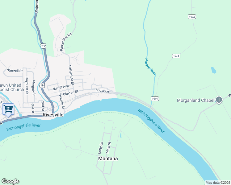 map of restaurants, bars, coffee shops, grocery stores, and more near 77 Sugar Lane in Rivesville