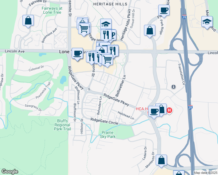 map of restaurants, bars, coffee shops, grocery stores, and more near 10098 Belvedere Lane in Lone Tree