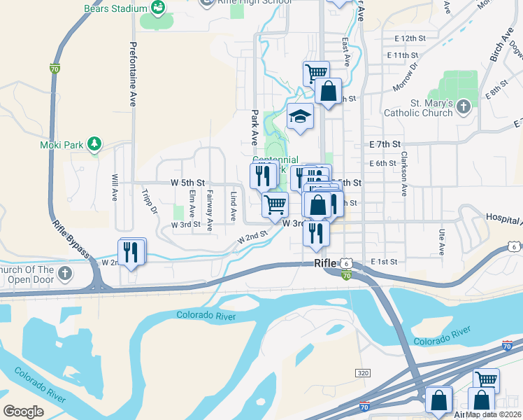 map of restaurants, bars, coffee shops, grocery stores, and more near 333 Park Avenue in Rifle
