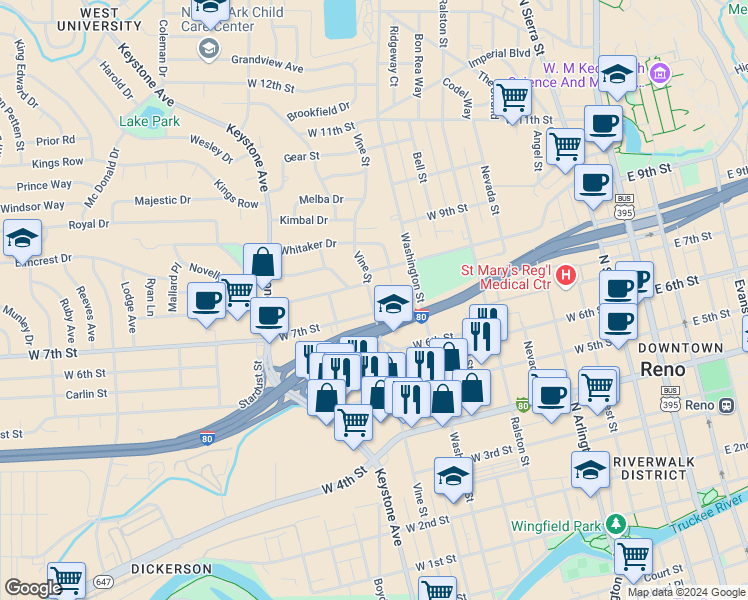 map of restaurants, bars, coffee shops, grocery stores, and more near 763 West 7th Street in Reno