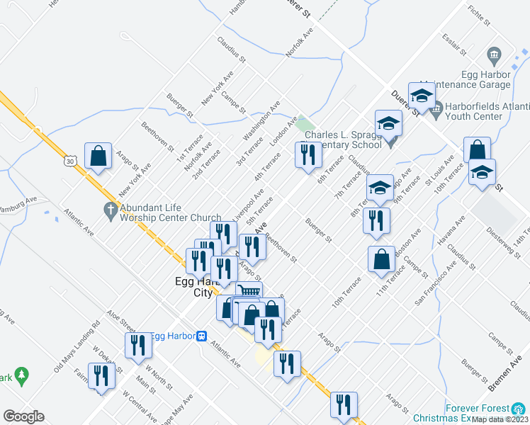map of restaurants, bars, coffee shops, grocery stores, and more near 325 5th Terrace in Egg Harbor City