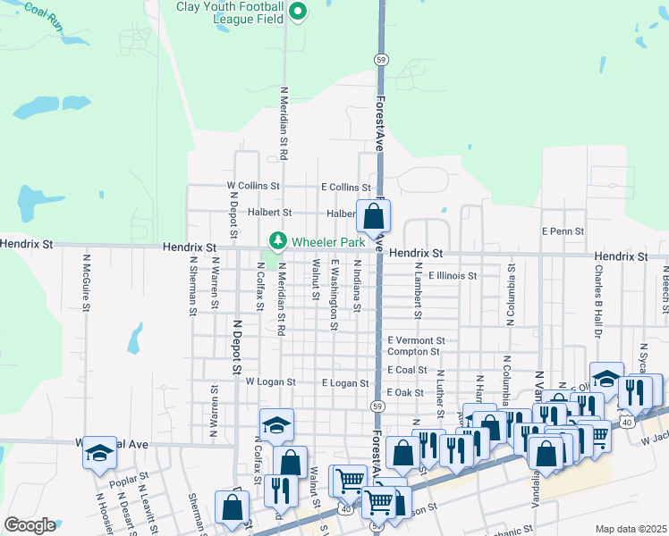 map of restaurants, bars, coffee shops, grocery stores, and more near 832 North Washington Street in Brazil