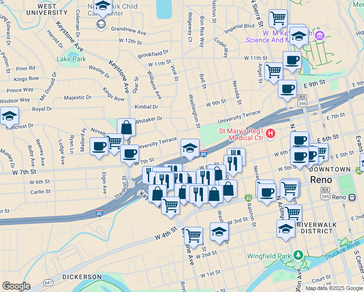 map of restaurants, bars, coffee shops, grocery stores, and more near 732 Vine Street in Reno