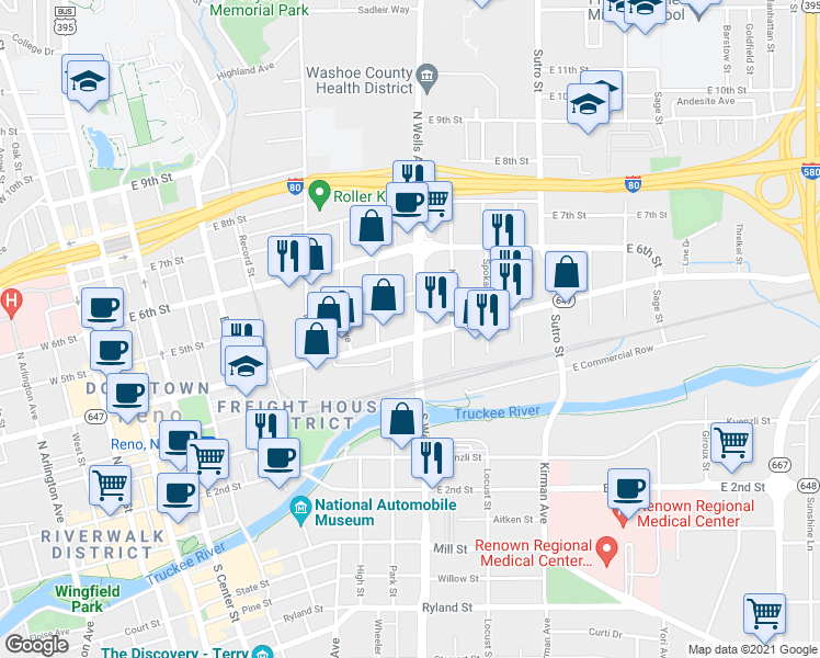 map of restaurants, bars, coffee shops, grocery stores, and more near 795 East 4th Street in Reno