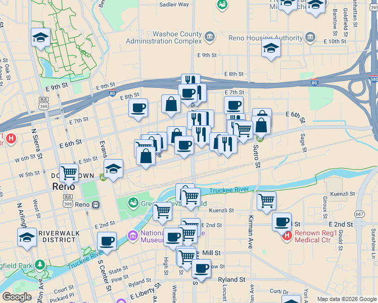 map of restaurants, bars, coffee shops, grocery stores, and more near 795 East 4th Street in Reno