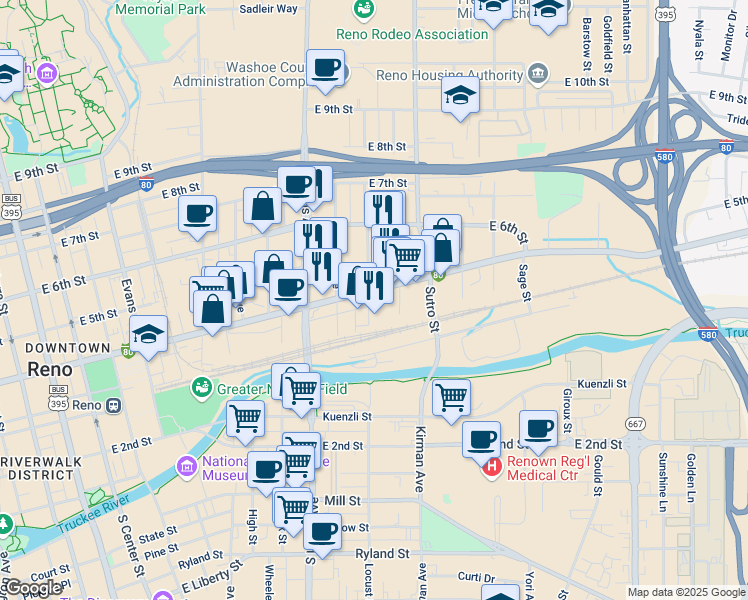map of restaurants, bars, coffee shops, grocery stores, and more near 1000 East 4th Street in Reno