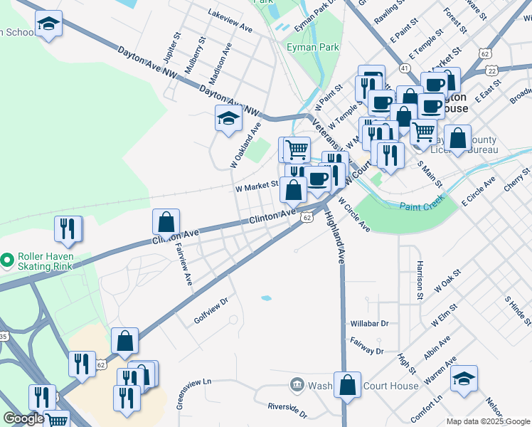 map of restaurants, bars, coffee shops, grocery stores, and more near 214 Green Street in Washington Court House