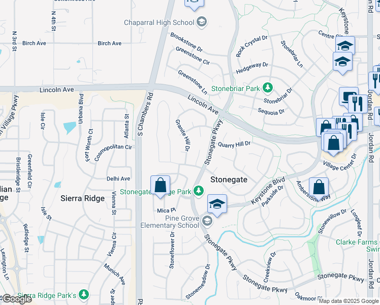 map of restaurants, bars, coffee shops, grocery stores, and more near 10150 Granite Hill Drive in Parker