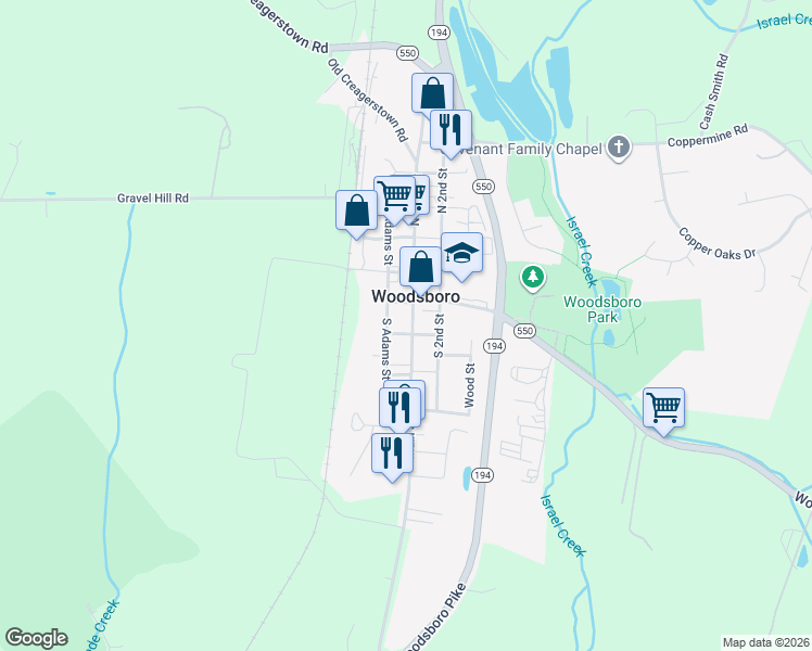 map of restaurants, bars, coffee shops, grocery stores, and more near 207 South Main Street in Woodsboro