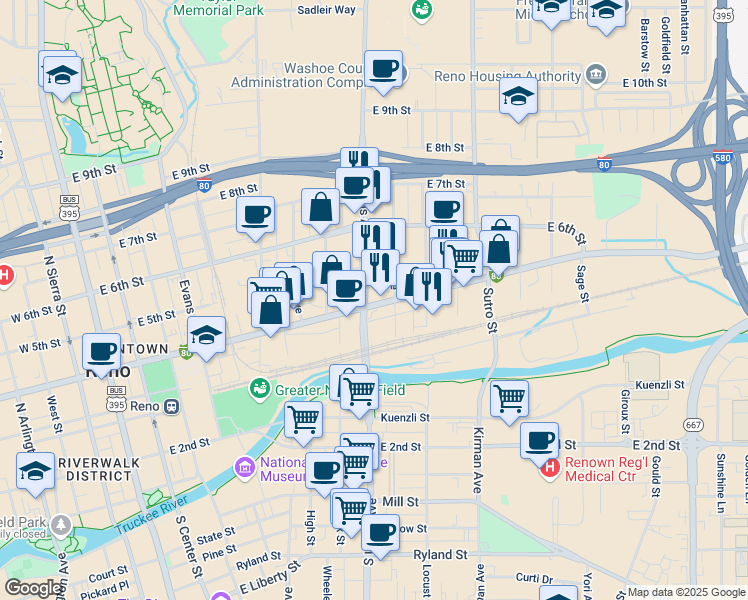 map of restaurants, bars, coffee shops, grocery stores, and more near 855 East 4th Street in Reno