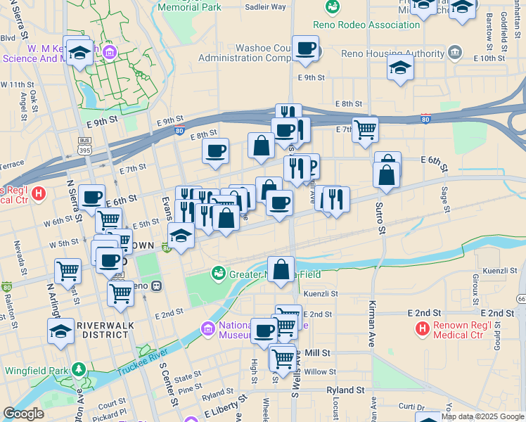 map of restaurants, bars, coffee shops, grocery stores, and more near 425 Eureka Avenue in Reno