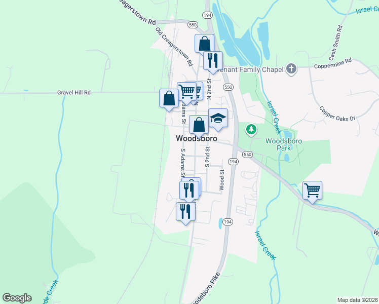 map of restaurants, bars, coffee shops, grocery stores, and more near 207 South Main Street in Woodsboro