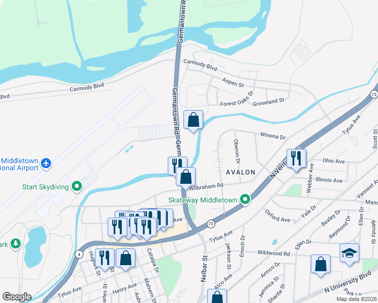 map of restaurants, bars, coffee shops, grocery stores, and more near 1811 Germantown Road in Middletown