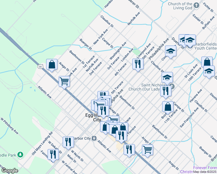 map of restaurants, bars, coffee shops, grocery stores, and more near 257 Liverpool Avenue in Egg Harbor City