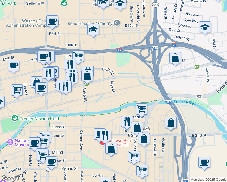 map of restaurants, bars, coffee shops, grocery stores, and more near 207 Sage Street in Reno