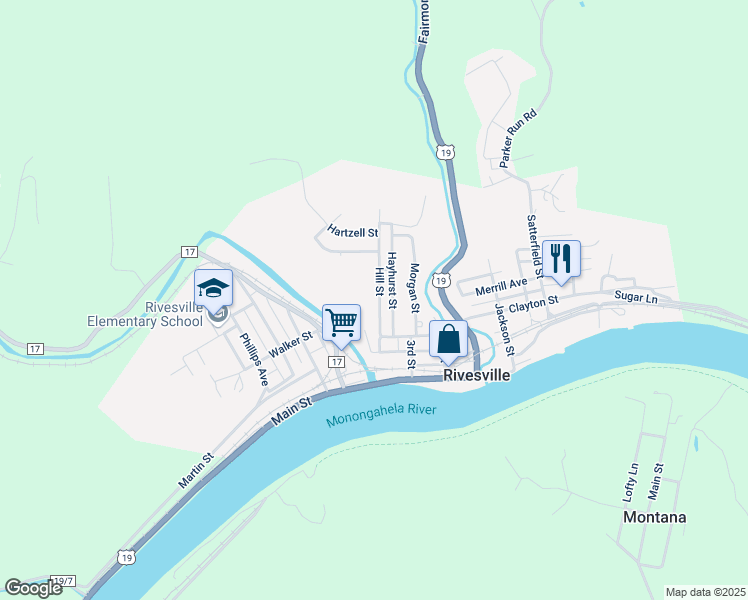 map of restaurants, bars, coffee shops, grocery stores, and more near 59 Hill St in Rivesville