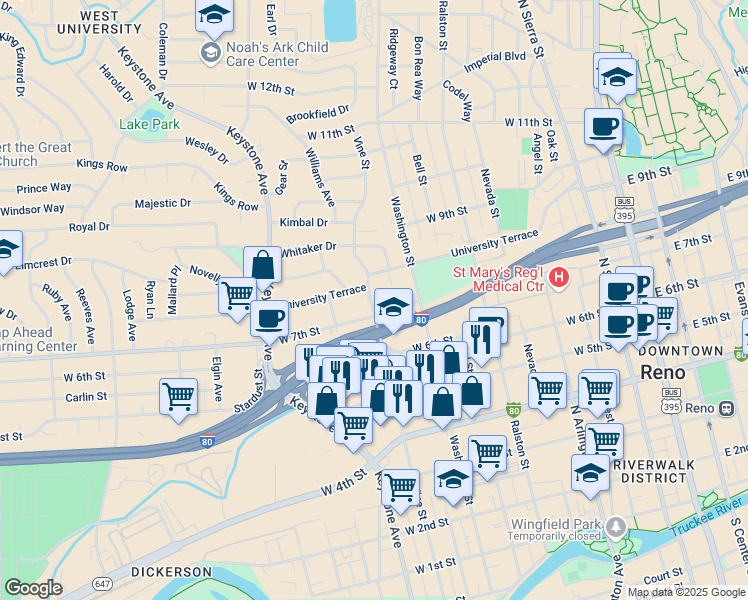 map of restaurants, bars, coffee shops, grocery stores, and more near 763 West 7th Street in Reno