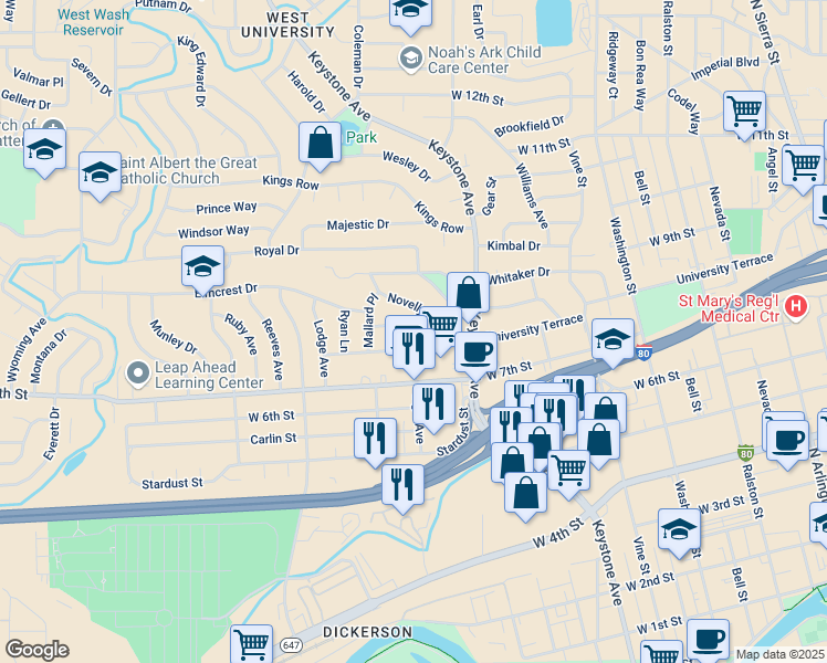 map of restaurants, bars, coffee shops, grocery stores, and more near 26 Raymond Drive in Reno