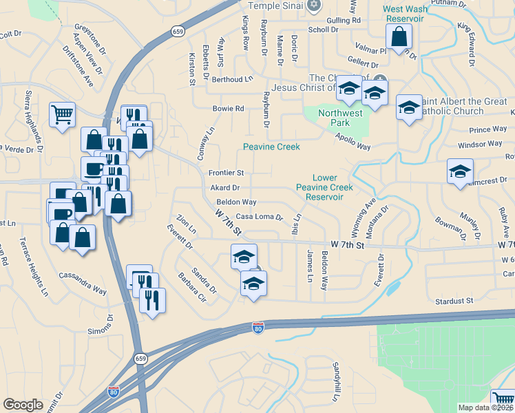 map of restaurants, bars, coffee shops, grocery stores, and more near 1105 Beldon Way in Reno