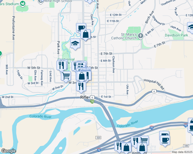 map of restaurants, bars, coffee shops, grocery stores, and more near 235 East 4th Street in Rifle