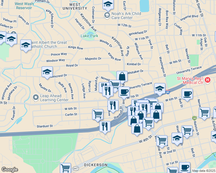 map of restaurants, bars, coffee shops, grocery stores, and more near 26 Raymond Drive in Reno
