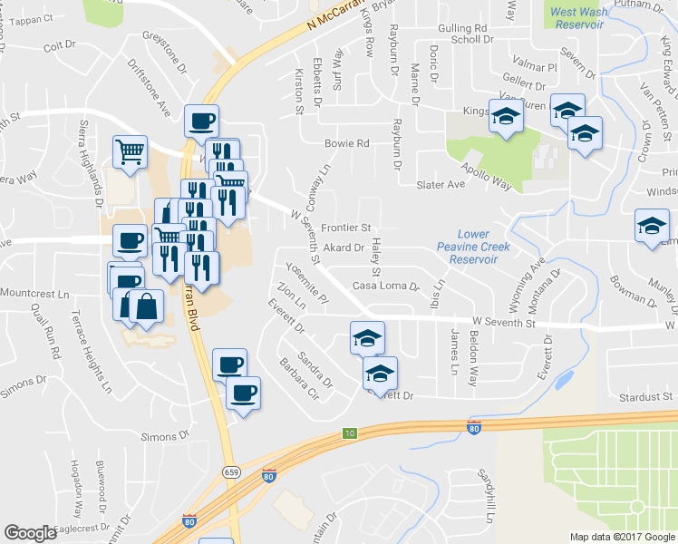 map of restaurants, bars, coffee shops, grocery stores, and more near 1325 Beldon Way in Reno