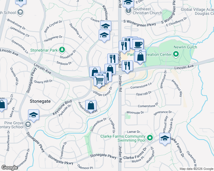 map of restaurants, bars, coffee shops, grocery stores, and more near 16538 Keystone Boulevard in Parker