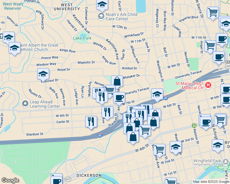 map of restaurants, bars, coffee shops, grocery stores, and more near 800 Novelly Drive in Reno