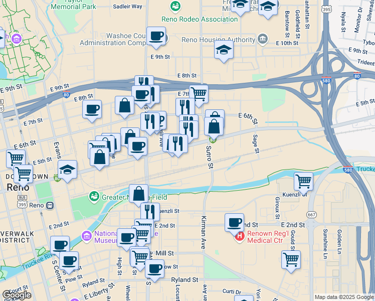 map of restaurants, bars, coffee shops, grocery stores, and more near 1000 East 4th Street in Reno