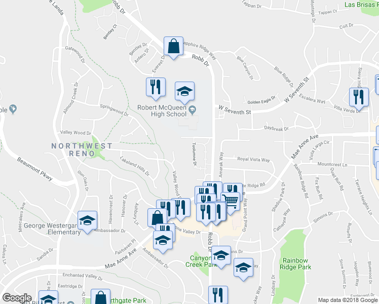 map of restaurants, bars, coffee shops, grocery stores, and more near 1925 Tuolumne Drive in Reno