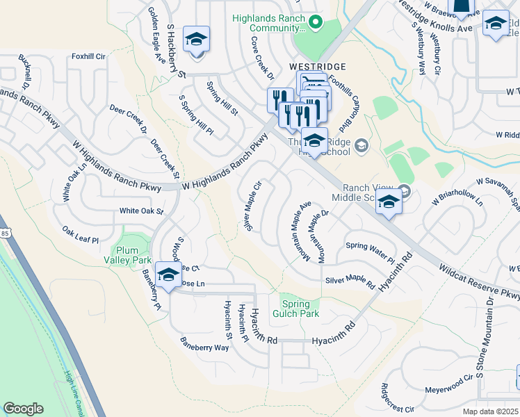 map of restaurants, bars, coffee shops, grocery stores, and more near 10168 Silver Maple Circle in Littleton