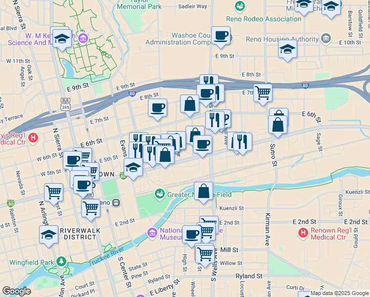 map of restaurants, bars, coffee shops, grocery stores, and more near 425 Eureka Avenue in Reno