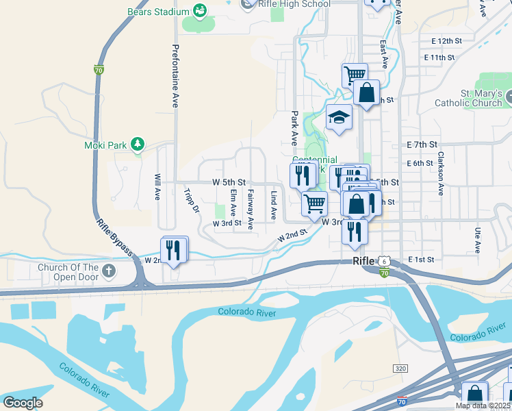 map of restaurants, bars, coffee shops, grocery stores, and more near 344 Fairway Avenue in Rifle