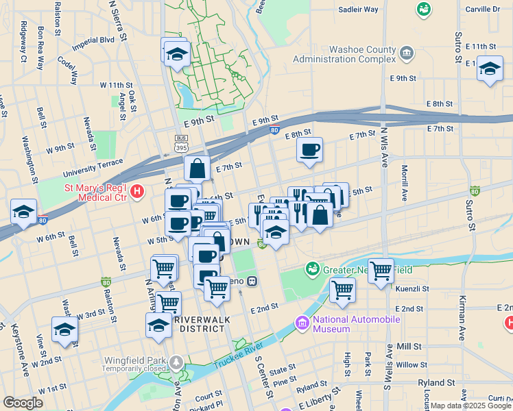 map of restaurants, bars, coffee shops, grocery stores, and more near 517 Evans Avenue in Reno