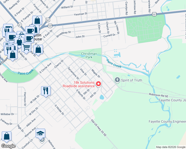 map of restaurants, bars, coffee shops, grocery stores, and more near 524 East Elm Street in Washington Court House