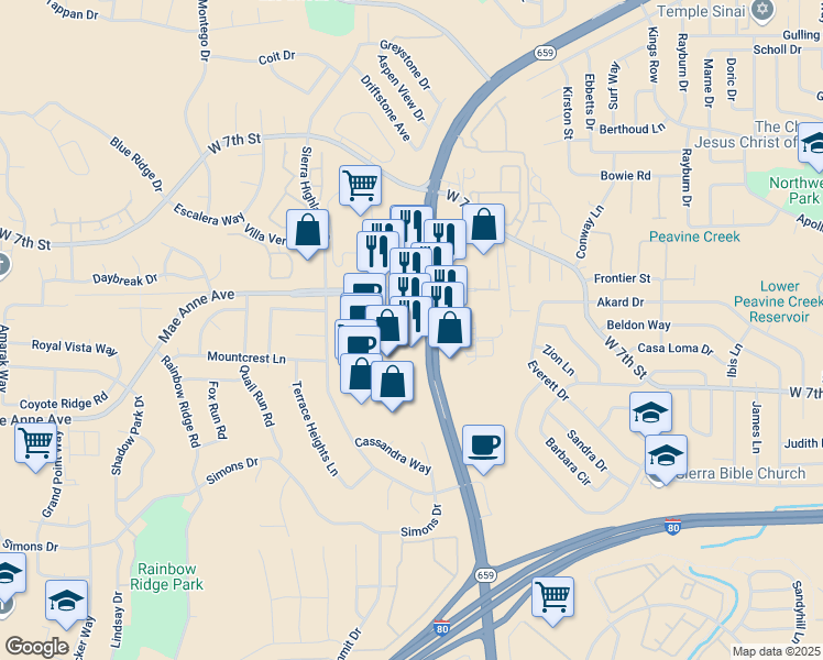 map of restaurants, bars, coffee shops, grocery stores, and more near 5144 Mae Anne Avenue in Reno