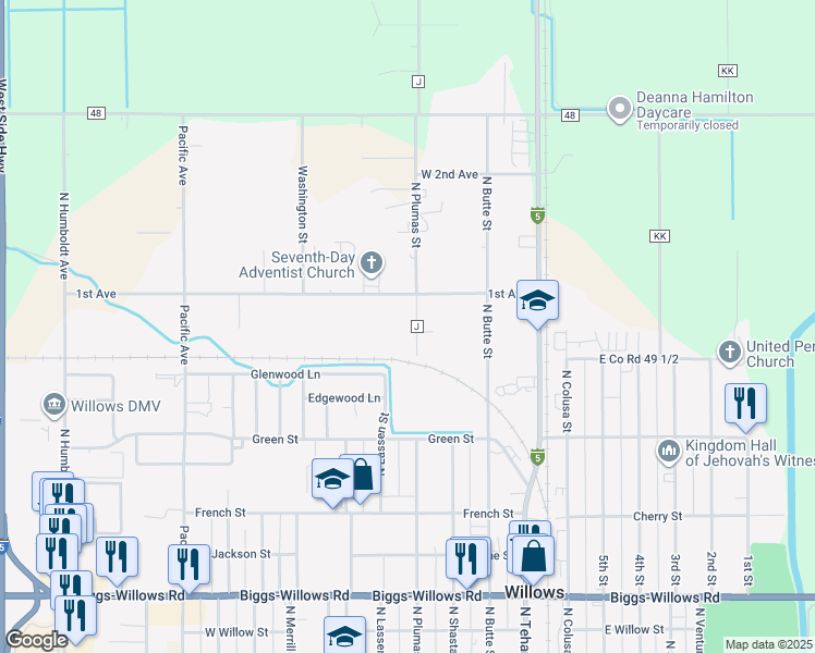 map of restaurants, bars, coffee shops, grocery stores, and more near 867 North Plumas Street in Willows
