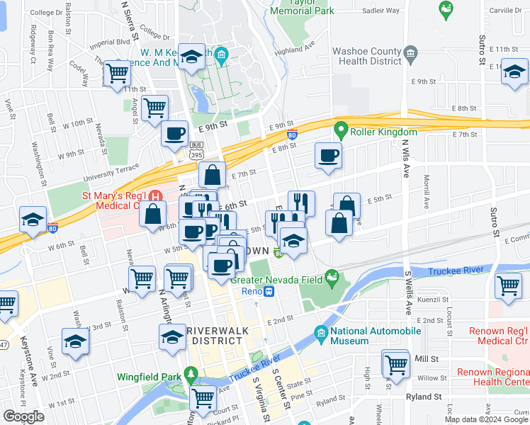 map of restaurants, bars, coffee shops, grocery stores, and more near 535 Lake Street in Reno