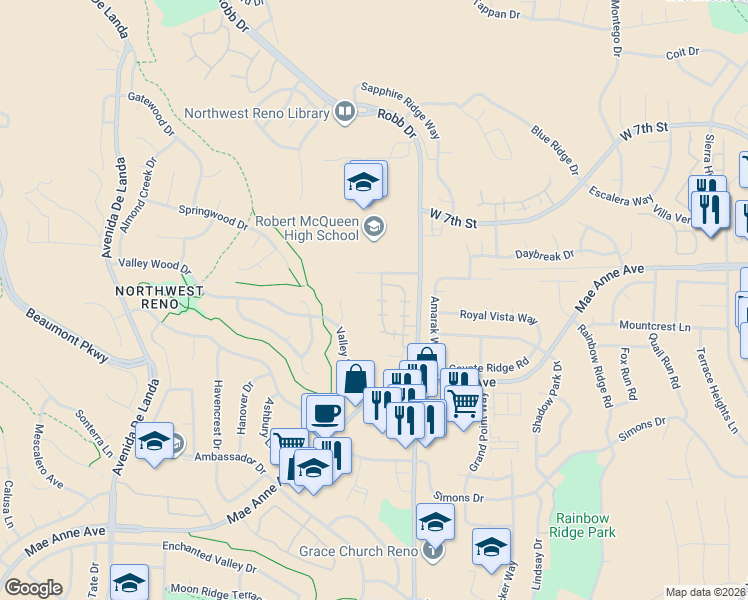map of restaurants, bars, coffee shops, grocery stores, and more near 1927 Tuolumne Drive in Reno