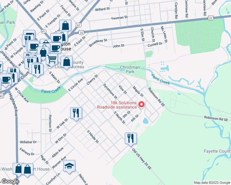 map of restaurants, bars, coffee shops, grocery stores, and more near 802 Sycamore Street in Washington Court House