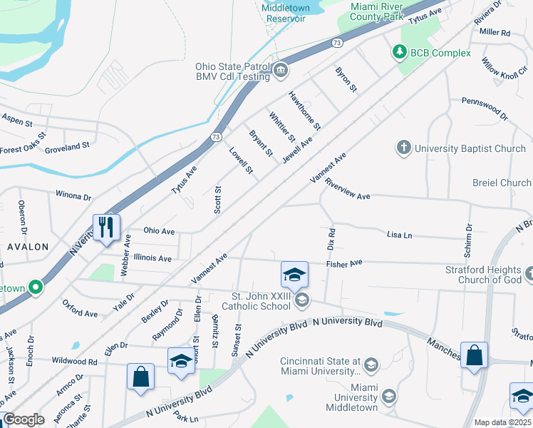 map of restaurants, bars, coffee shops, grocery stores, and more near 3615 Vannest Avenue in Middletown